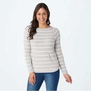 Barefoot Dreams Beige Striped Sweater with Pocket Size Small Preppy Beachy Layer